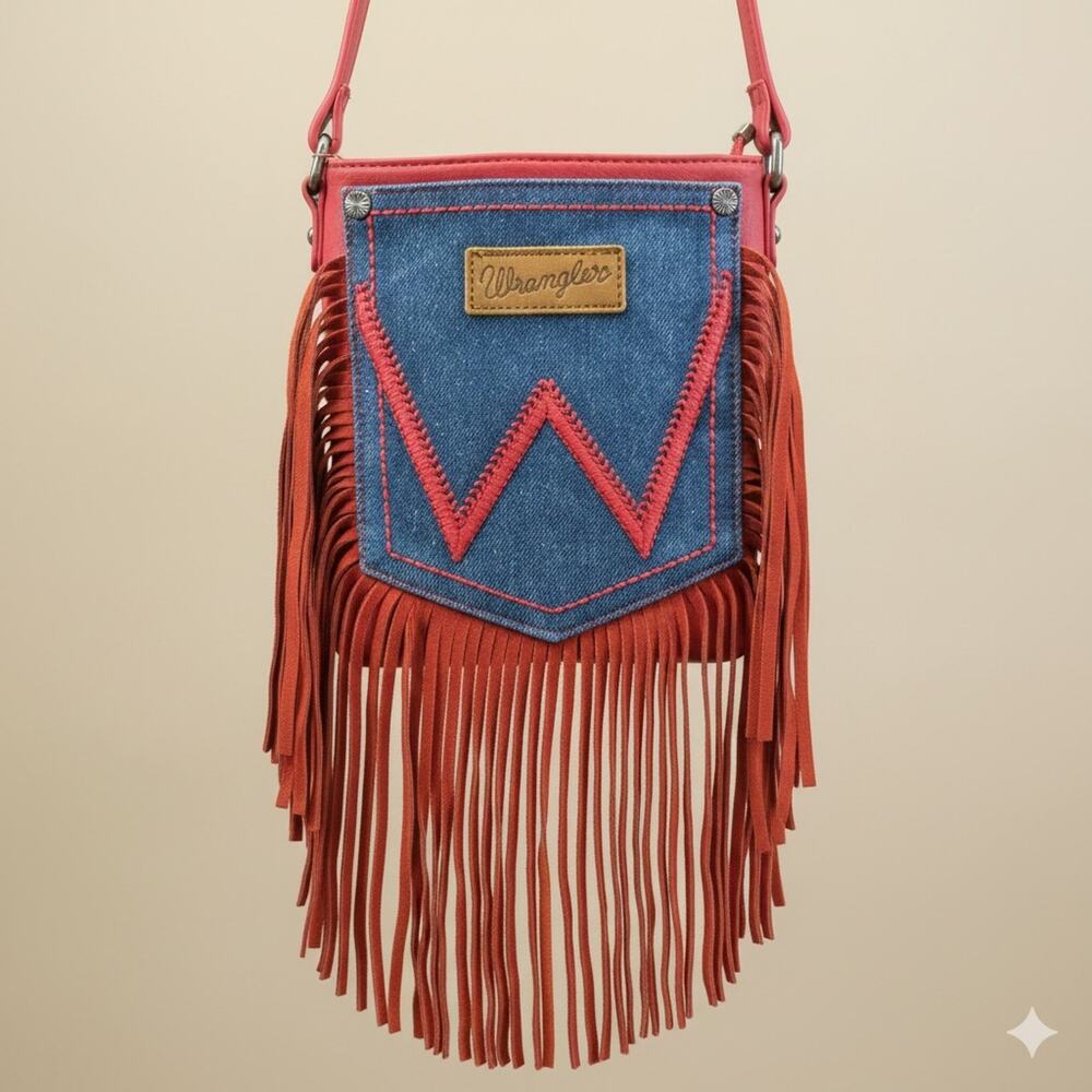 Montana West Wrangler Leather Fringe Jean Denim Pocket Crossbody HOT PINK
